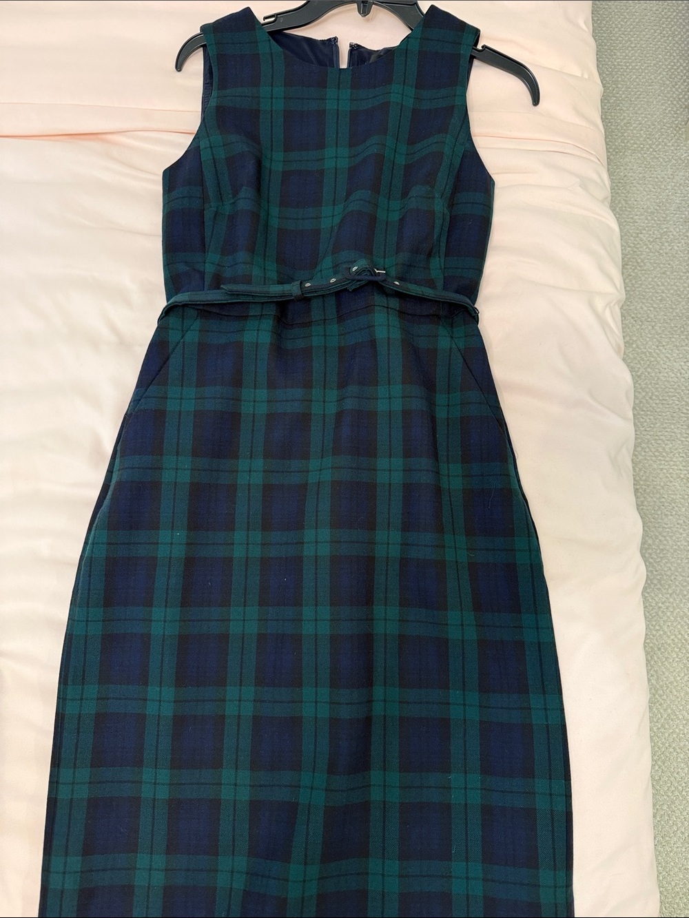 J. Crew Navy and Green Plaid Sleeveless Belted Sheath Dress